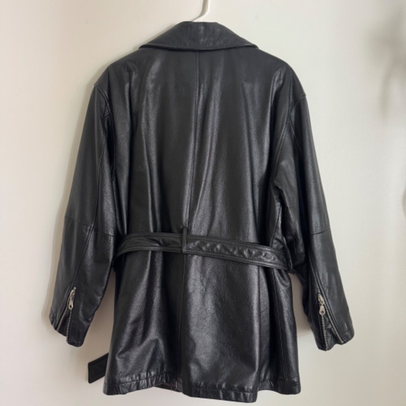 Vintage 90s Wilsons Leather Black Hip Length Zip Jacket with Belt | Size XL - Picture 9 of 10